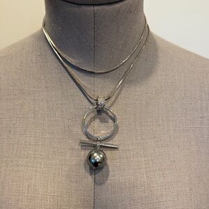 Silver-Tone Long Necklace with Ring & Bar Pendant / Modern Minimal Necklace